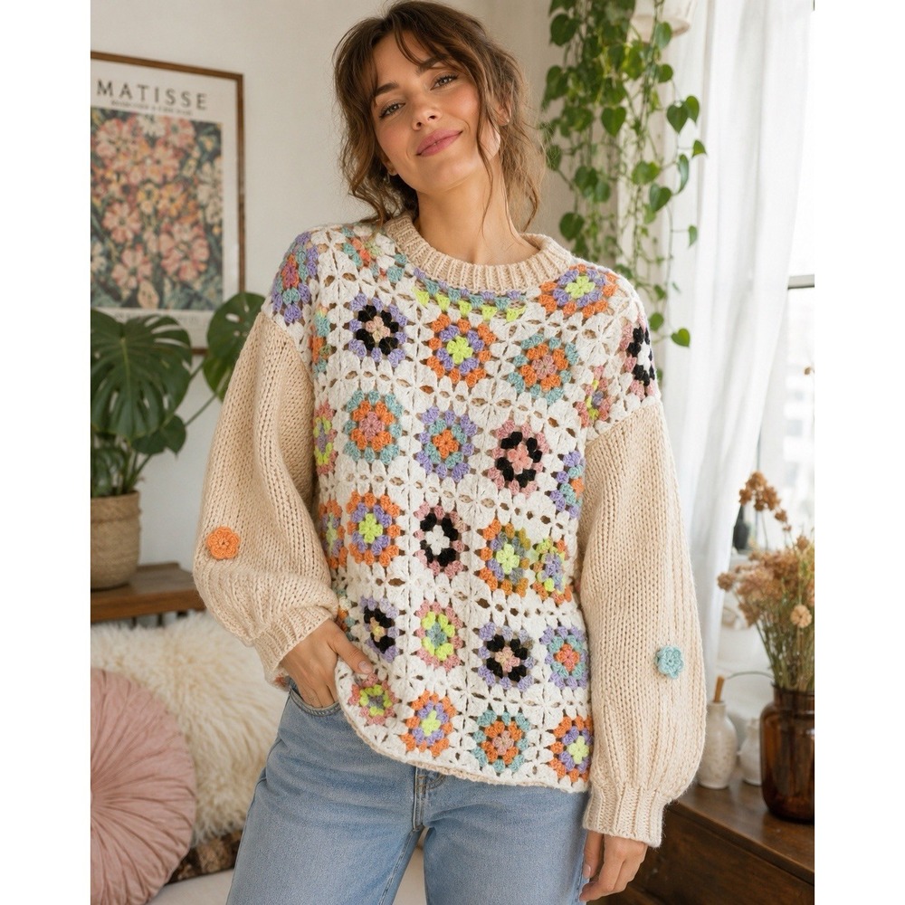 Listicle Granny Square Crochet Sweater S Boho Cottagecore Balloon Sleeve